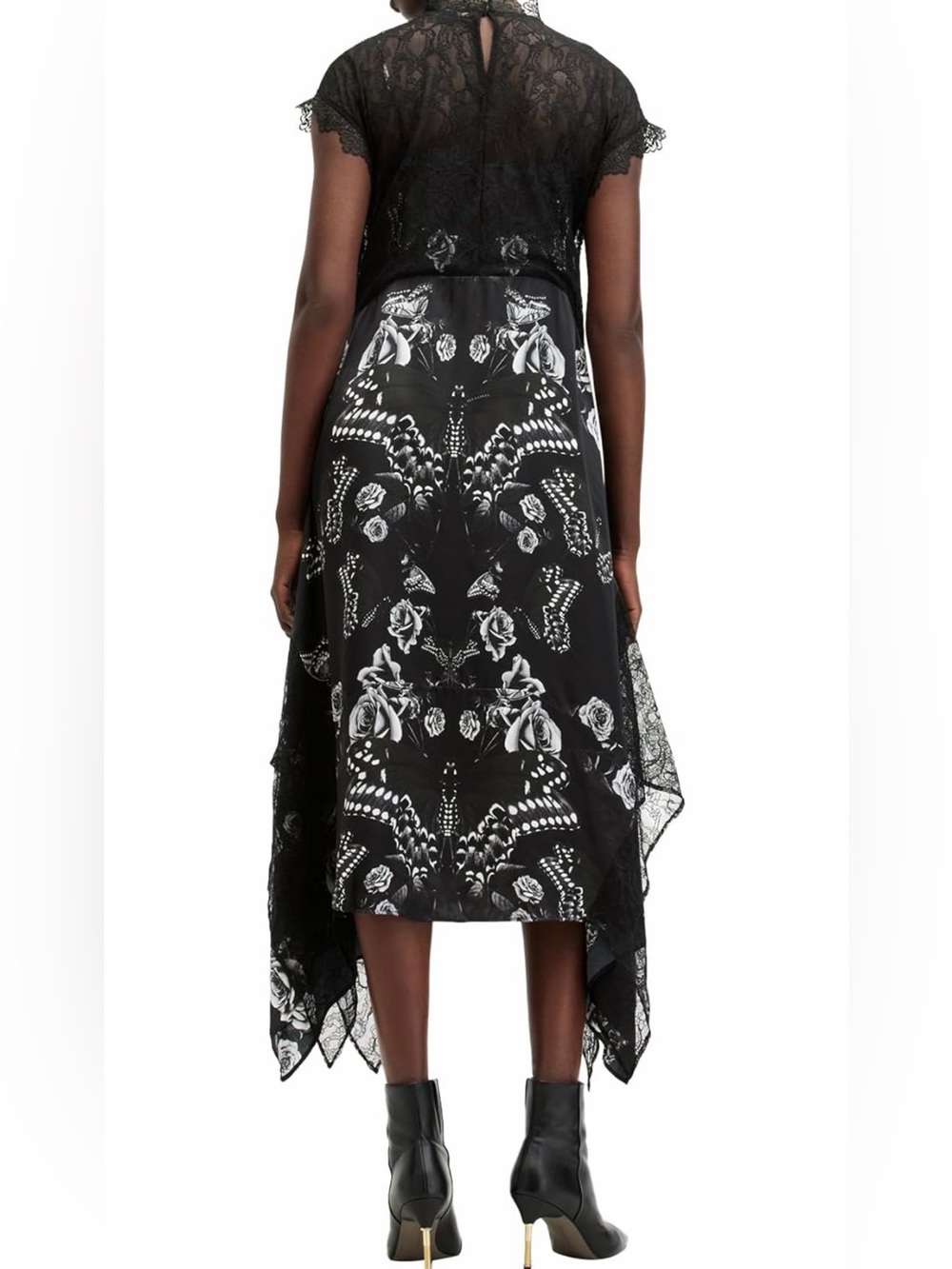 All Saints Black and White Gian Lace-Trim Asymmetrical Floral Dress - Picture 4 of 9